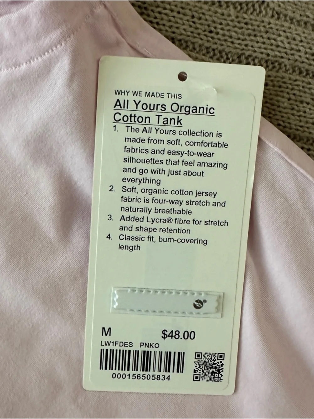 NWT Lululemon All Yours Organic Cotton Tank, Pink Organza, Medium